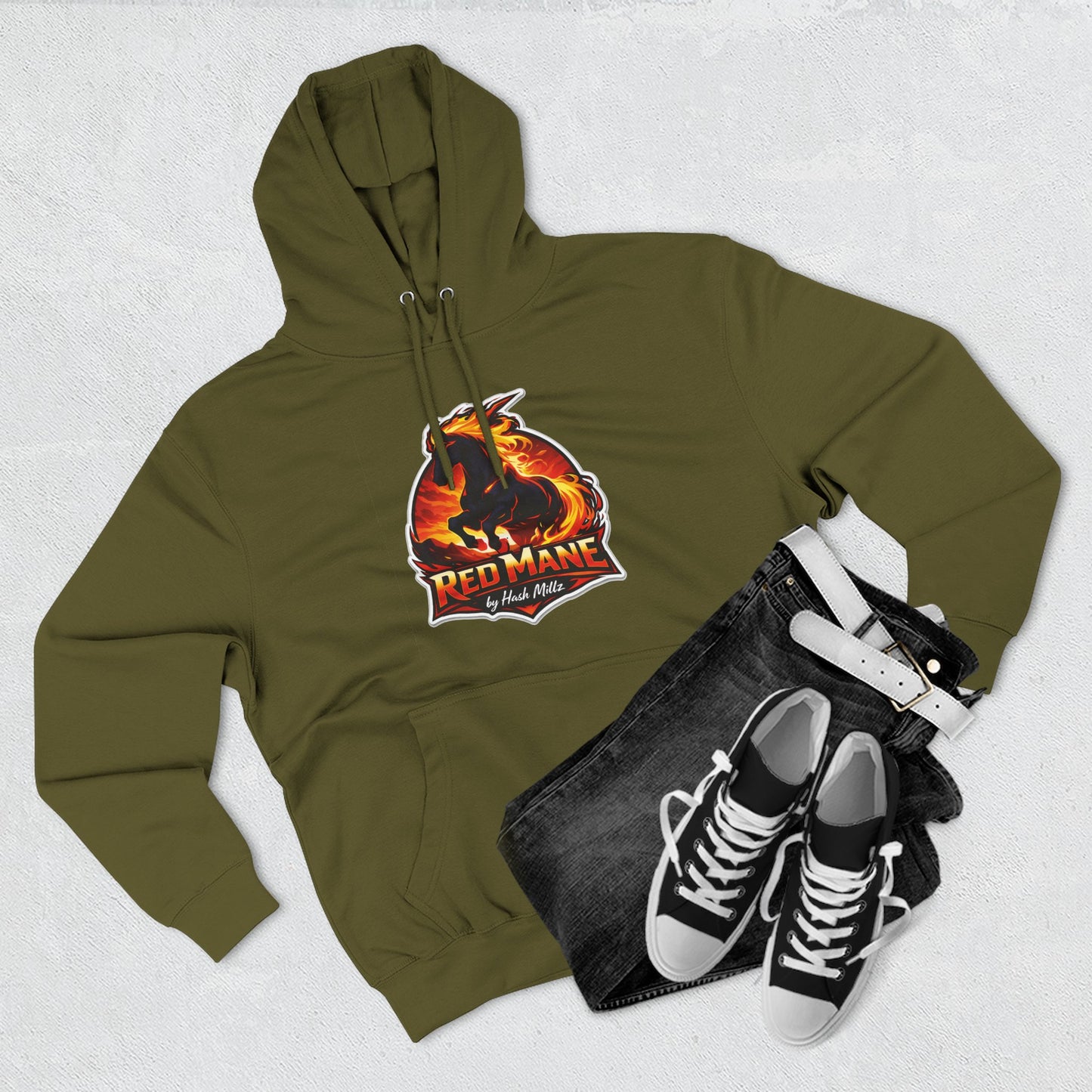 Red Mane Lion Logo Hoodie — Flame Graphic Three-Panel Fleece Hoodie