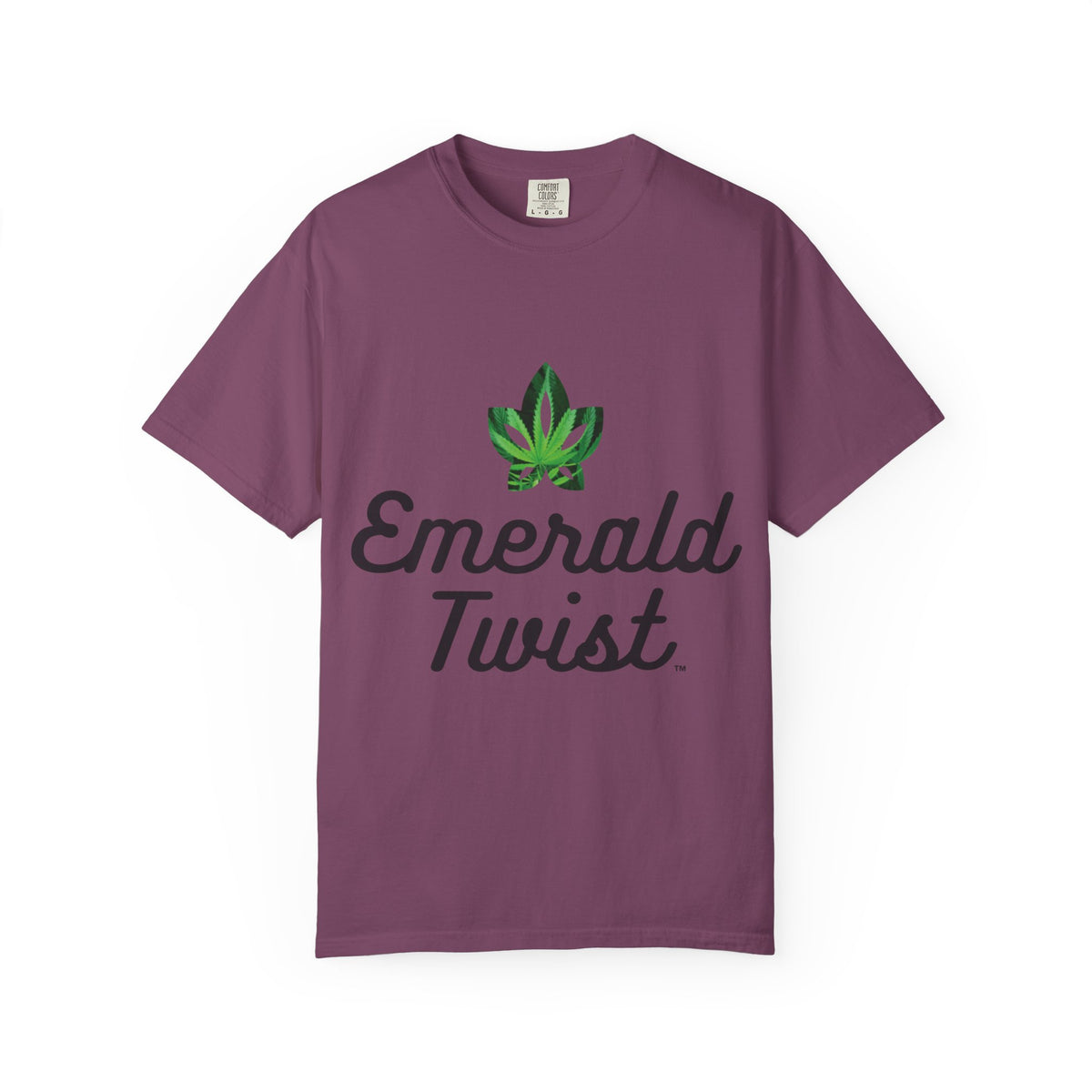 Emerald Twist T-Shirt — Retro Script Tee with Green Leaf Logo